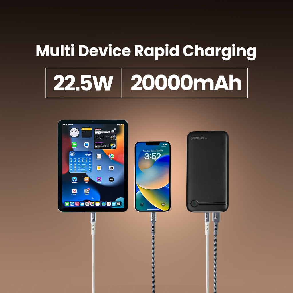 Nextech Hercules 20000mAh Power Bank | 22.5W PDQC Fast Charging | Triple Output (PD + 2USB) & Dual Input (Type-C + Micro USB)