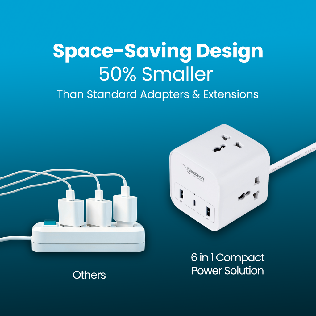Nextech Cube 20 Power Hub | 2500W Extension Cube with 3 AC Sockets, 20W Type-C PD & 18W USB Fast Charging | 2M Copper Cable