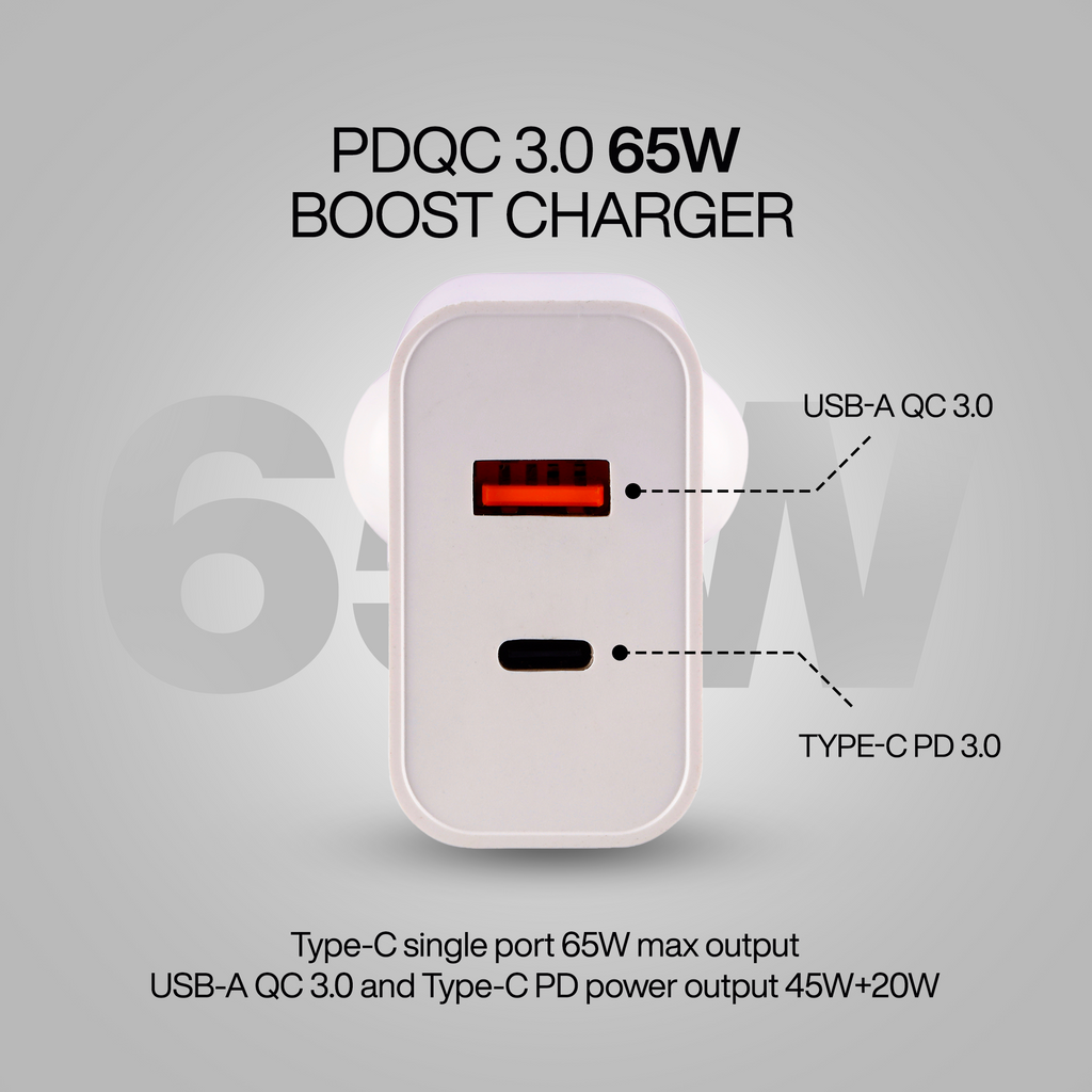 Nextech 65W Fast Charger Adapter | Dual Port Type-C & USB | PDQC & PPS for Laptops, Smartphones & Tablets