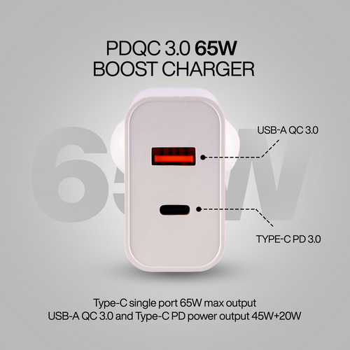 Nextech 65W Fast Charger Adapter | Dual Port Type-C & USB | PDQC & PPS for Laptops, Smartphones & Tablets