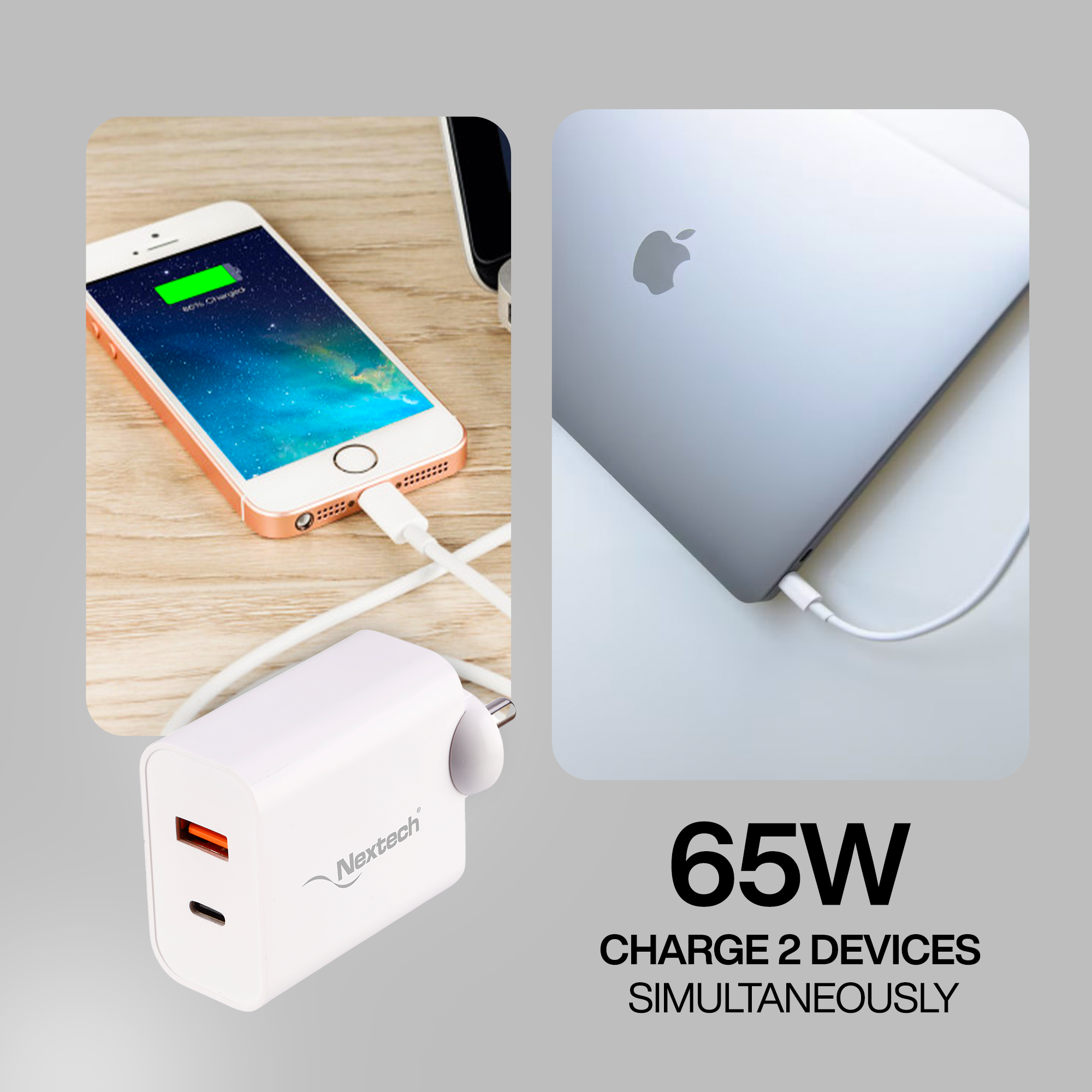Nextech 65W Fast Charger Adapter | Dual Port Type-C & USB | PDQC & PPS for Laptops, Smartphones & Tablets