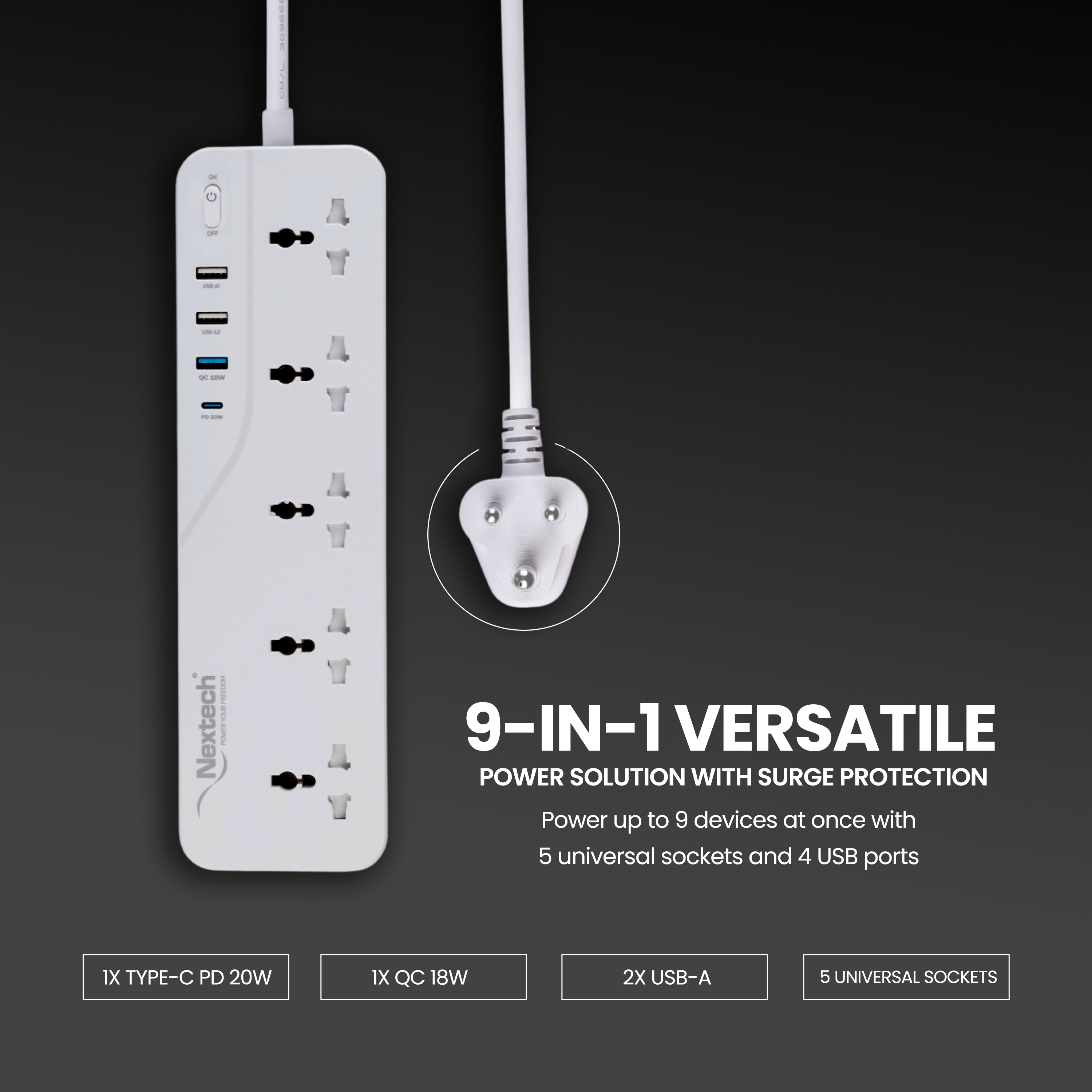 Nextech Power Plate 9-in-1 Extension Board | 5 Universal Sockets + 3 USB Ports + 20W Type-C PD | 2500W Power | 3M Cord