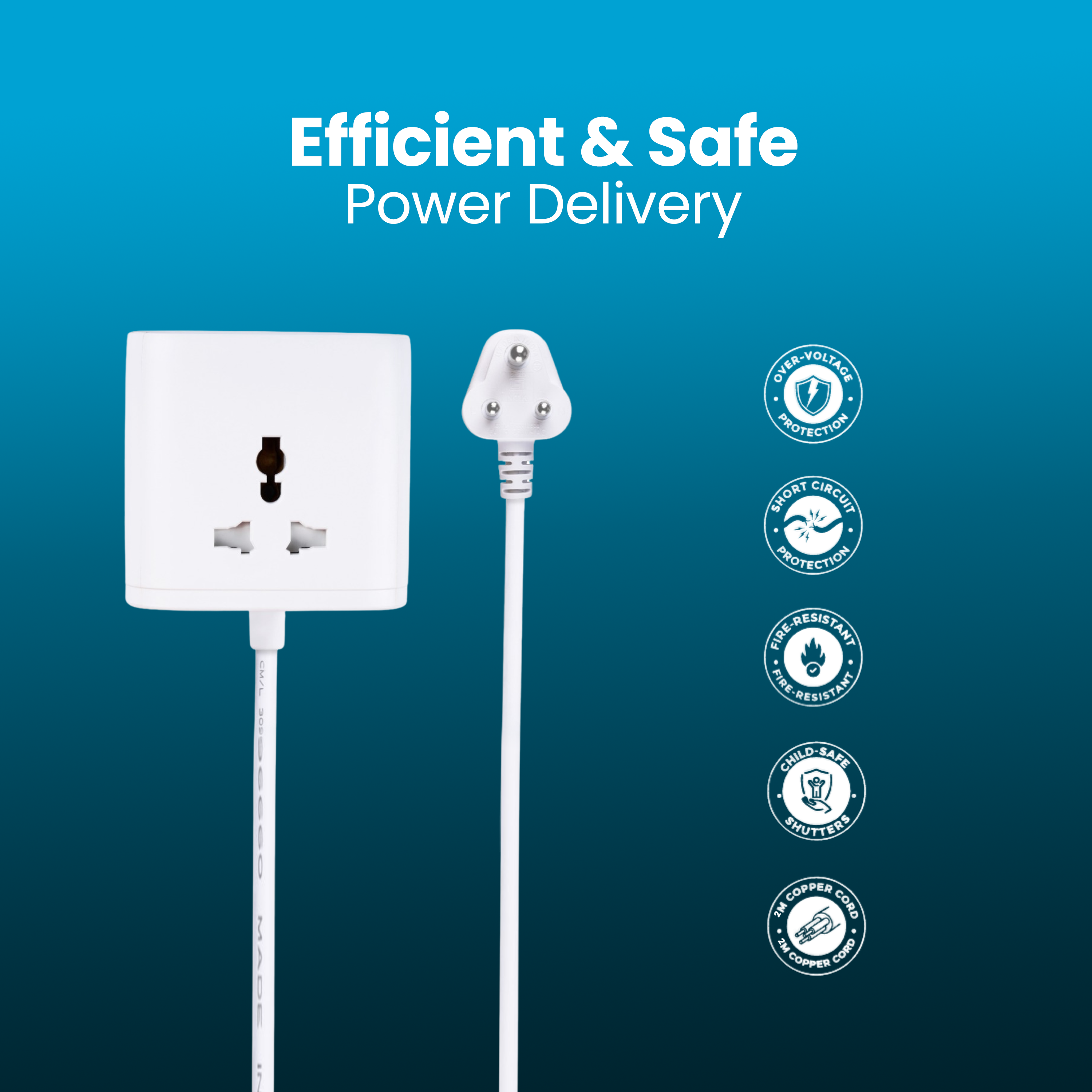 Nextech Cube 20 Power Hub | 2500W Extension Cube with 3 AC Sockets, 20W Type-C PD & 18W USB Fast Charging | 2M Copper Cable