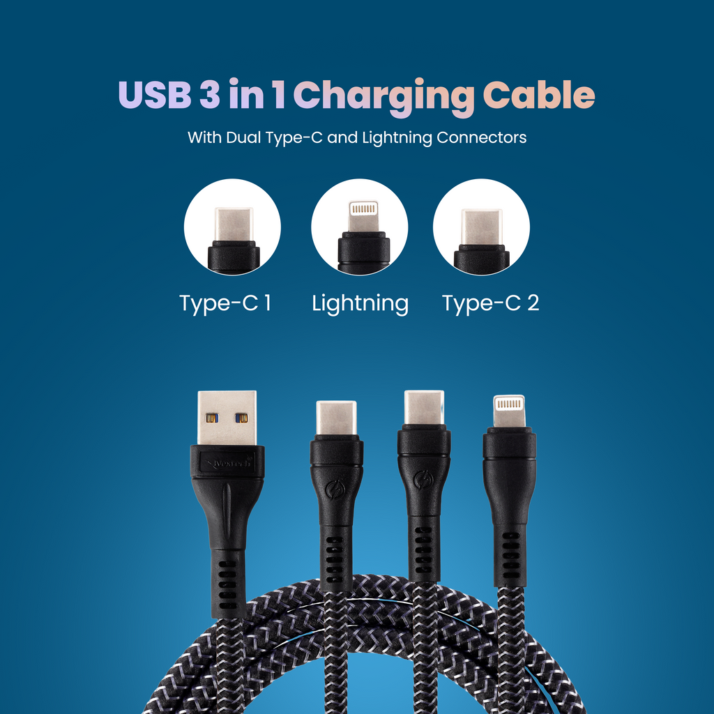 Nextech 3-in-1 Fast Charging USB Cable | Dual Type-C & Lightning | 1.2M Durable High-Speed Cable