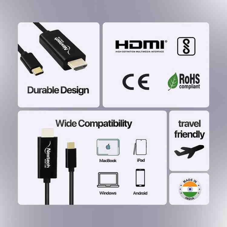 Nextech USB-C to HDMI Cable 1.8M | 4K@30Hz Video Output | Plug & Play | Compatible with MacBook, iPad Pro, Mac Mini, Laptops & Smartphones