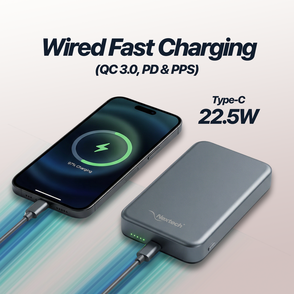 Nextech MagNxt Power Bank 10000mAh – MagSafe, 22.5W Fast Charging & 15W Wireless, LED Indicator| Stand Matalic Grey