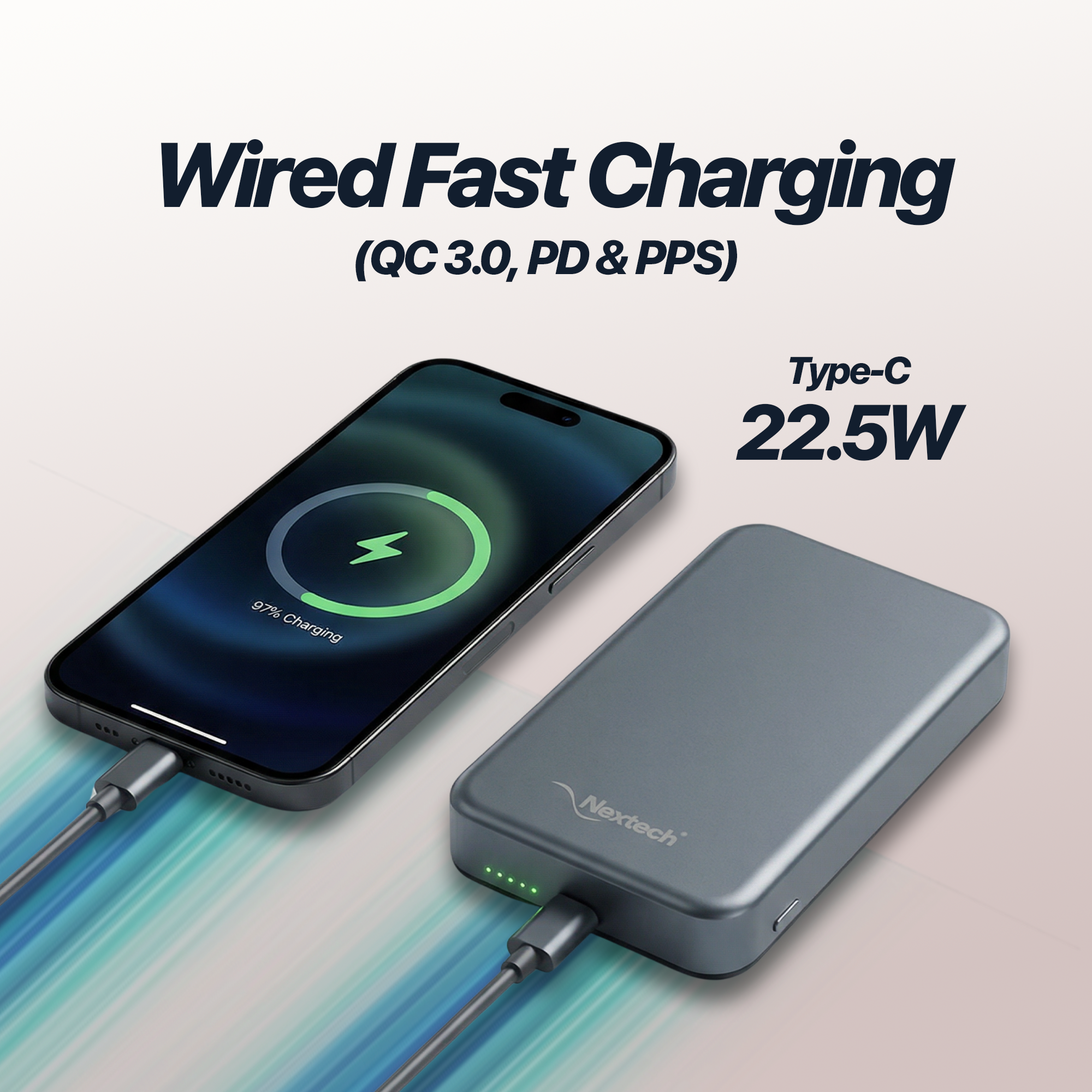 Nextech MagNxt Power Bank 10000mAh – MagSafe, 22.5W Fast Charging & 15W Wireless, LED Indicator| Stand Matalic Grey
