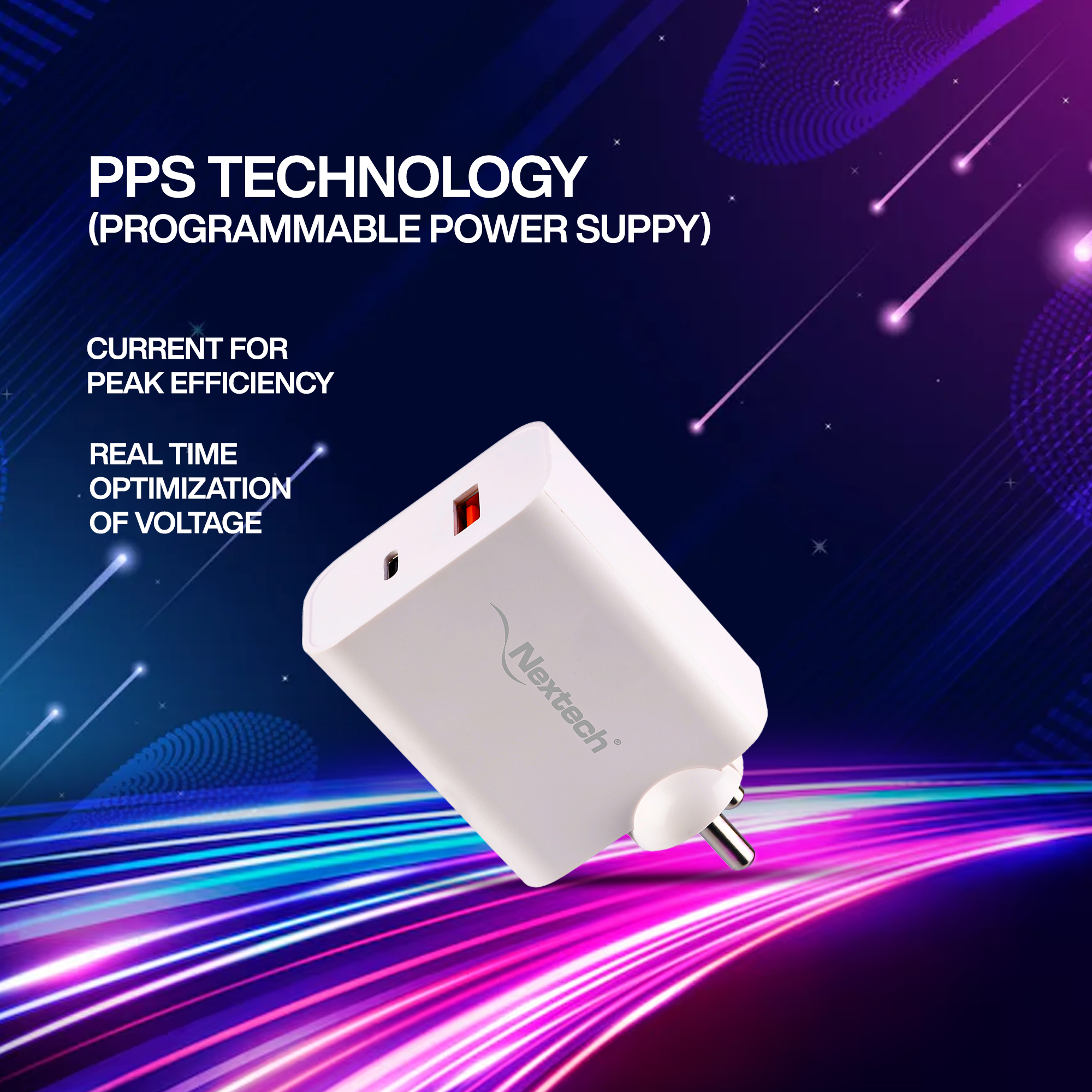 Nextech 65W Fast Charger Adapter | Dual Port Type-C & USB | PDQC & PPS for Laptops, Smartphones & Tablets