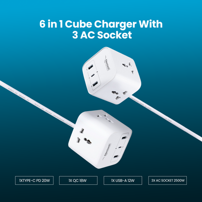 Nextech Cube 20 Power Hub | 2500W Extension Cube with 3 AC Sockets, 20W Type-C PD & 18W USB Fast Charging | 2M Copper Cable