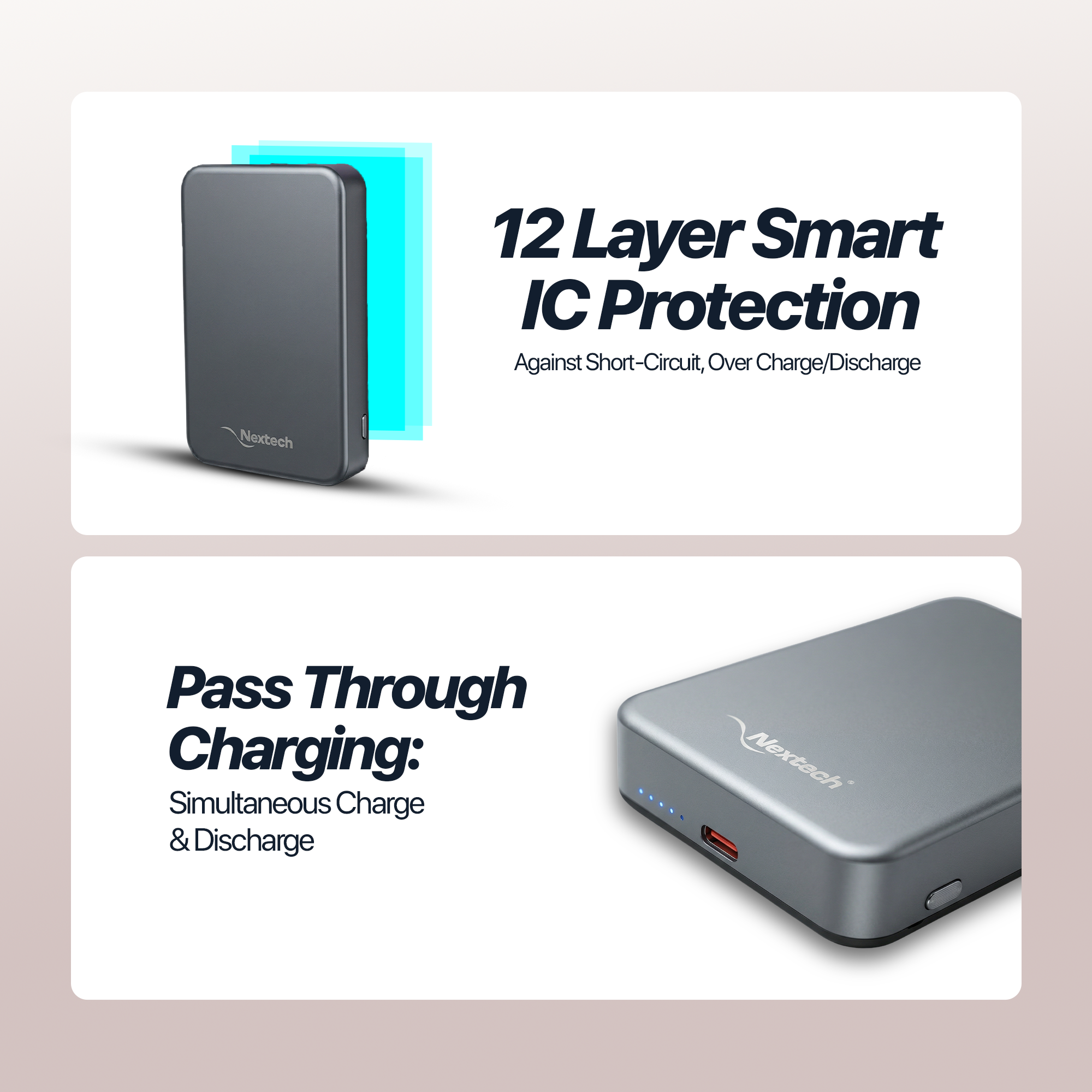 Nextech MagNxt Power Bank 10000mAh – MagSafe, 22.5W Fast Charging & 15W Wireless, LED Indicator| Stand Matalic Grey