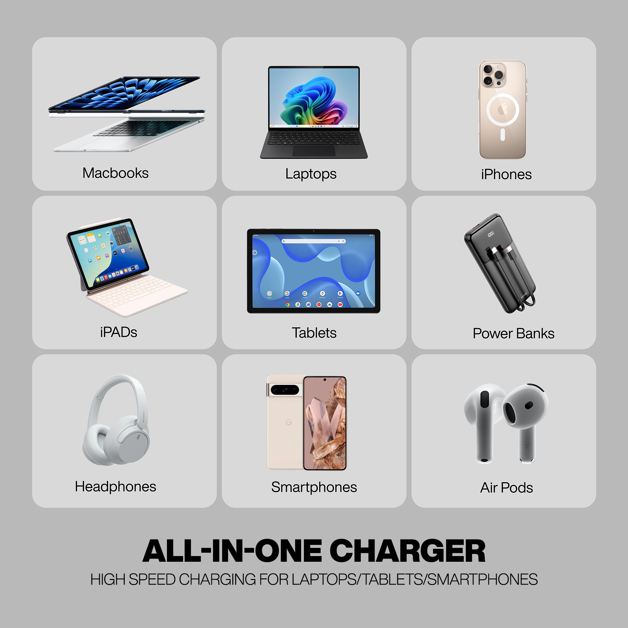 Nextech 65W Fast Charger Adapter | Dual Port Type-C & USB | PDQC & PPS for Laptops, Smartphones & Tablets