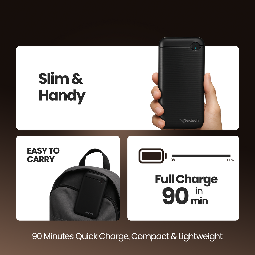 Nextech Hercules 20000mAh Power Bank | 22.5W PDQC Fast Charging | Triple Output (PD + 2USB) & Dual Input (Type-C + Micro USB)