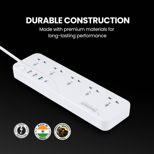 Nextech Power Plate 9-in-1 Extension Board | 5 Universal Sockets + 3 USB Ports + 20W Type-C PD | 2500W Power | 3M Cord