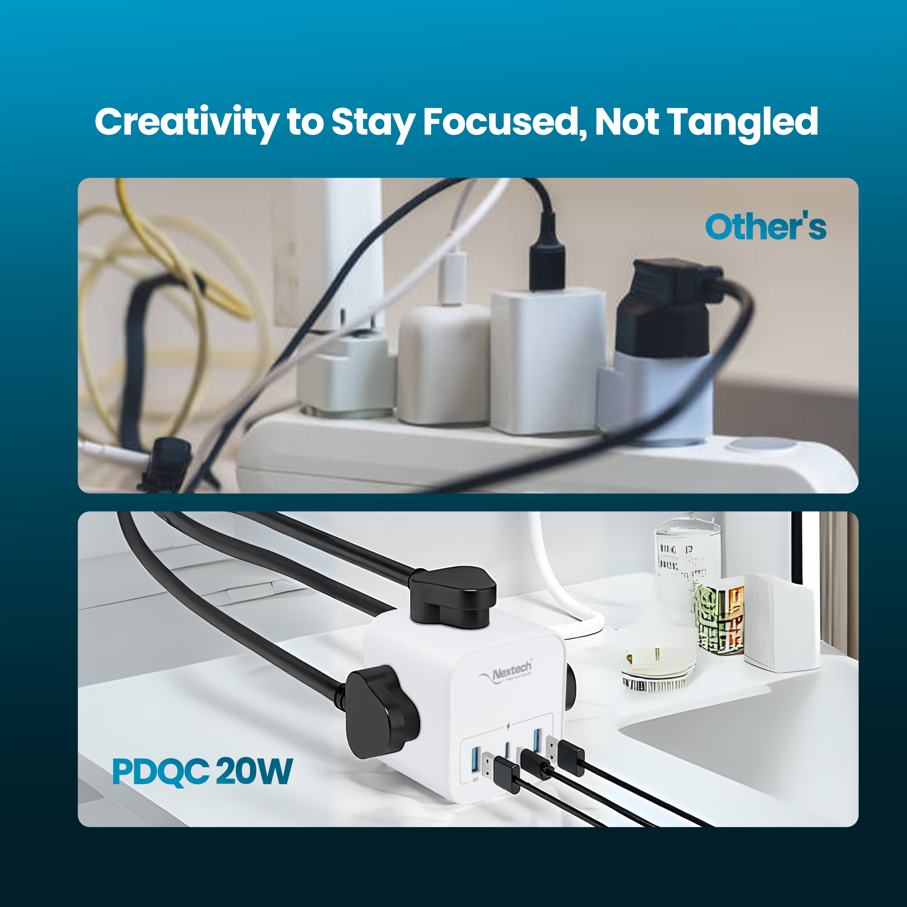 Nextech Cube 20 Power Hub | 2500W Extension Cube with 3 AC Sockets, 20W Type-C PD & 18W USB Fast Charging | 2M Copper Cable