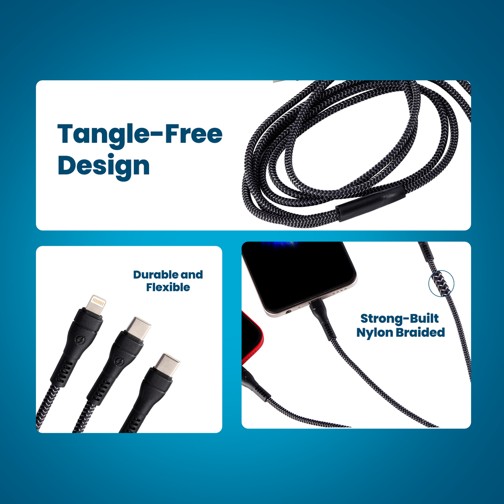 Nextech 3-in-1 Fast Charging USB Cable | Dual Type-C & Lightning | 1.2M Durable High-Speed Cable