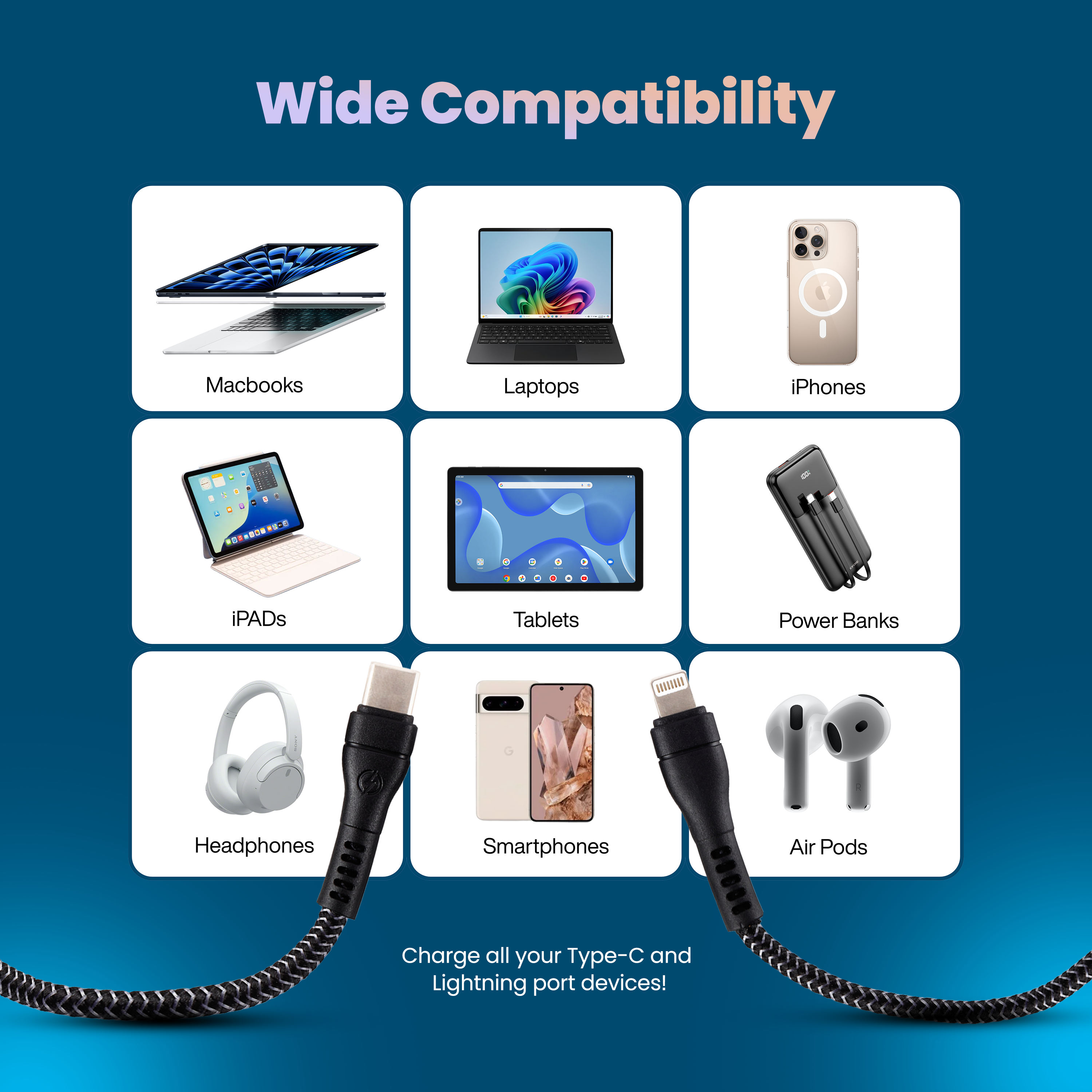 Nextech 3-in-1 Cable – Charge iPhone, Android & Type-C Devices Fast (1M)