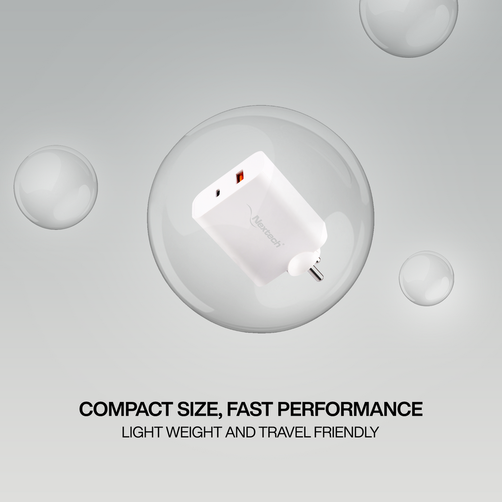 Nextech 65W Fast Charger Adapter | Dual Port Type-C & USB | PDQC & PPS for Laptops, Smartphones & Tablets