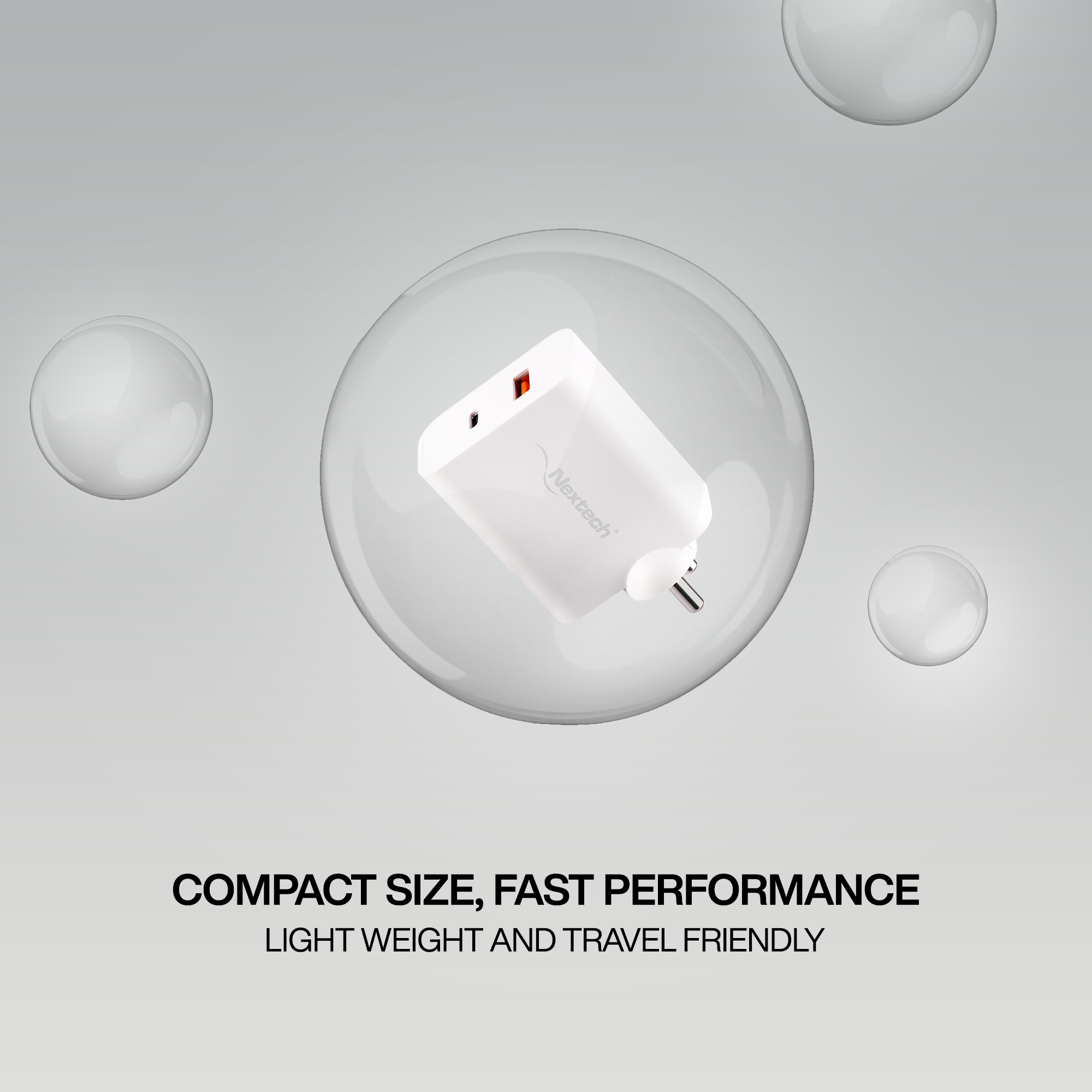 Nextech 65W Fast Charger Adapter | Dual Port Type-C & USB | PDQC & PPS for Laptops, Smartphones & Tablets