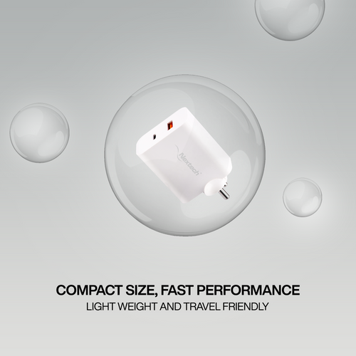 Nextech 65W Fast Charger Adapter | Dual Port Type-C & USB | PDQC & PPS for Laptops, Smartphones & Tablets