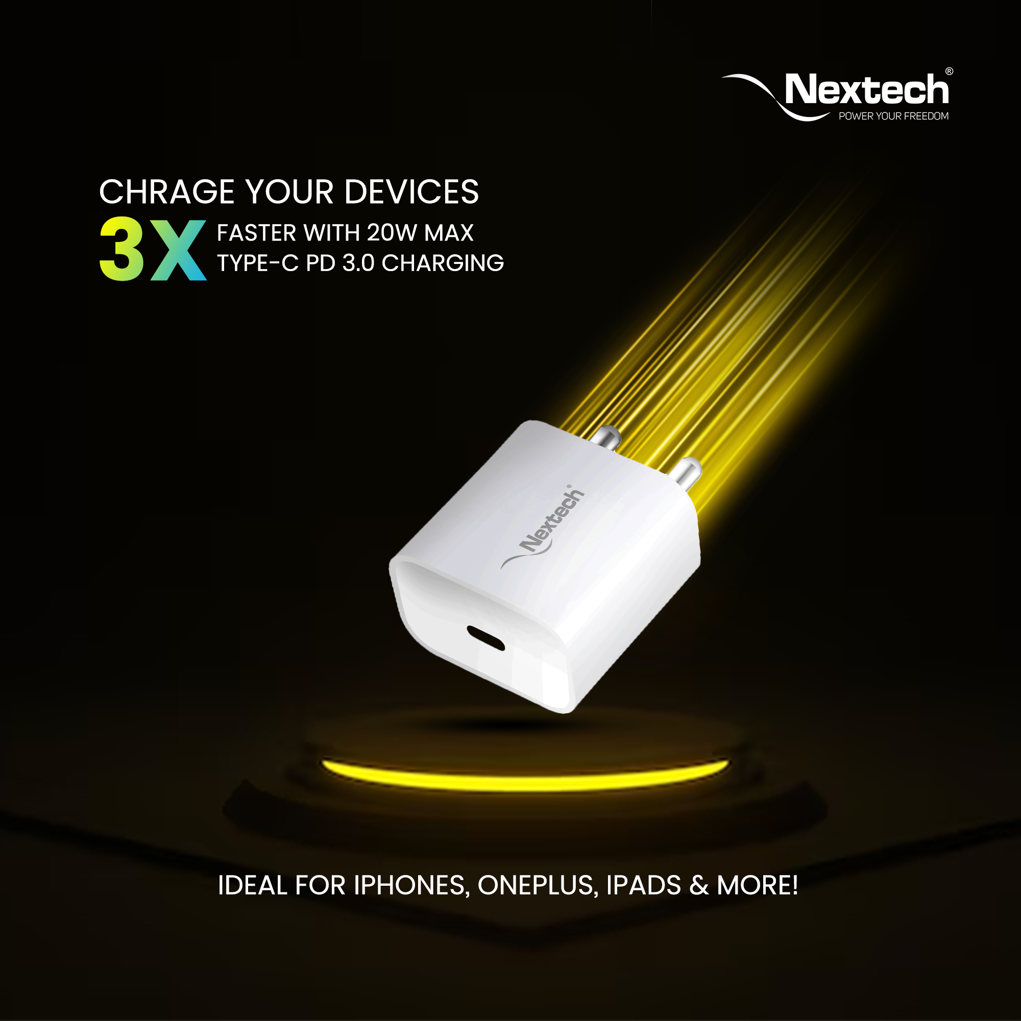 Nextech 20W PD 3.0 Fast Charger | Type-C Power Adapter for iPhone 16/15/14, iPad & Android