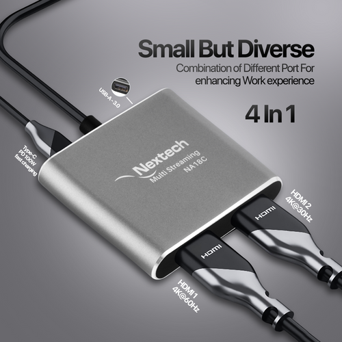 Nextech 4-in-1 USB-C to Dual HDMI Multiport Dock | Dual Display Support | 4K @ 60Hz | PD 100W Fast Charging | Compatible with MacBook, iPad Pro, Windows Laptops & More | Grey