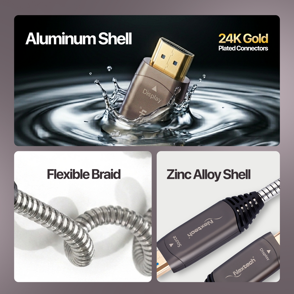 Nextech HDMI Armoured AOC Cable | 4K@60Hz | Unbreakable Stainless Steel | 18Gbps Bandwidth
