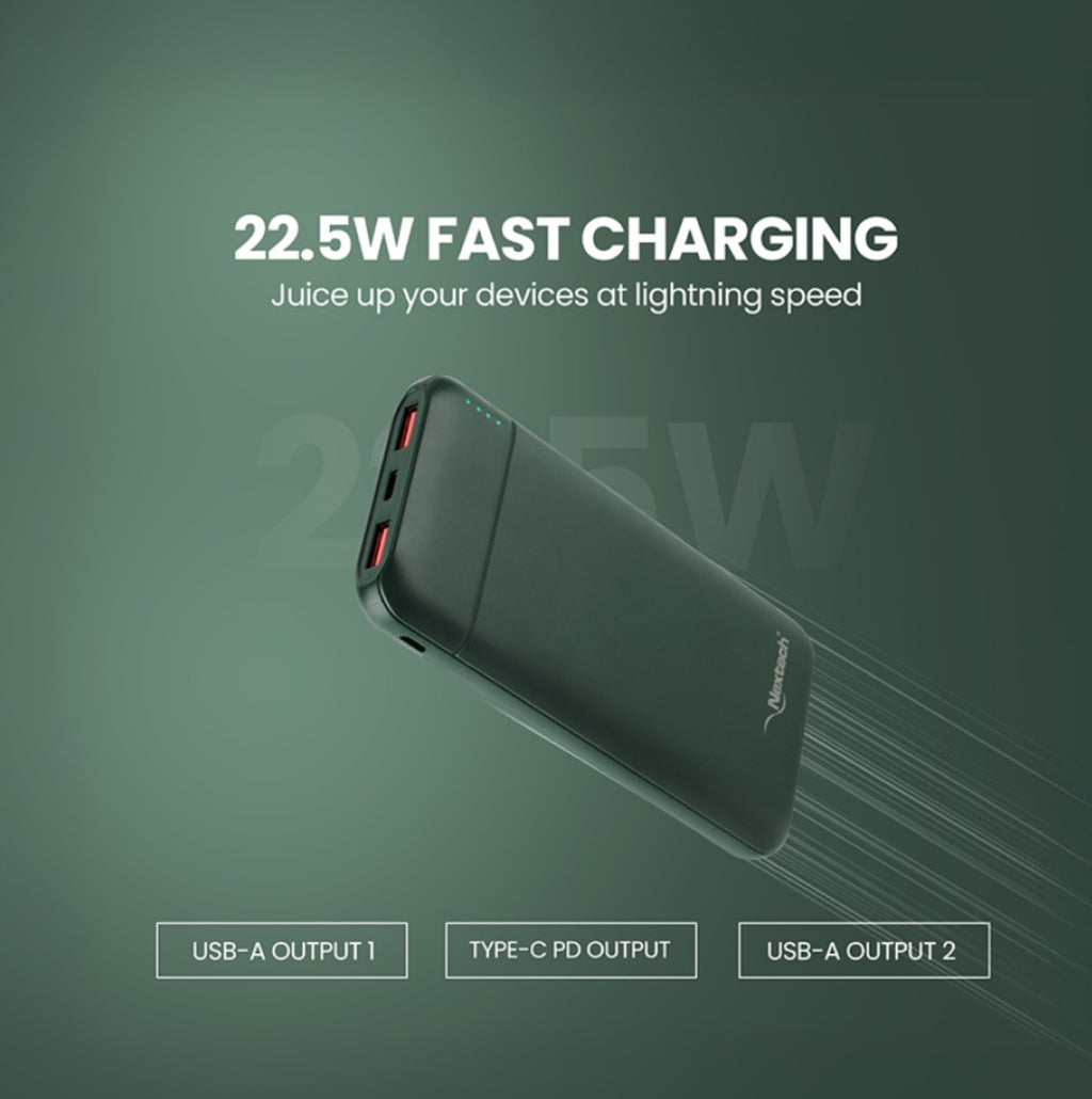 Nextech Slender Ultra-Slim 10000mAh Power Bank | PDQC 22.5W Fast Charge, Type-C & USB Output