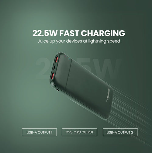 Nextech Slender Ultra-Slim 10000mAh Power Bank | PDQC 22.5W Fast Charge, Type-C & USB Output