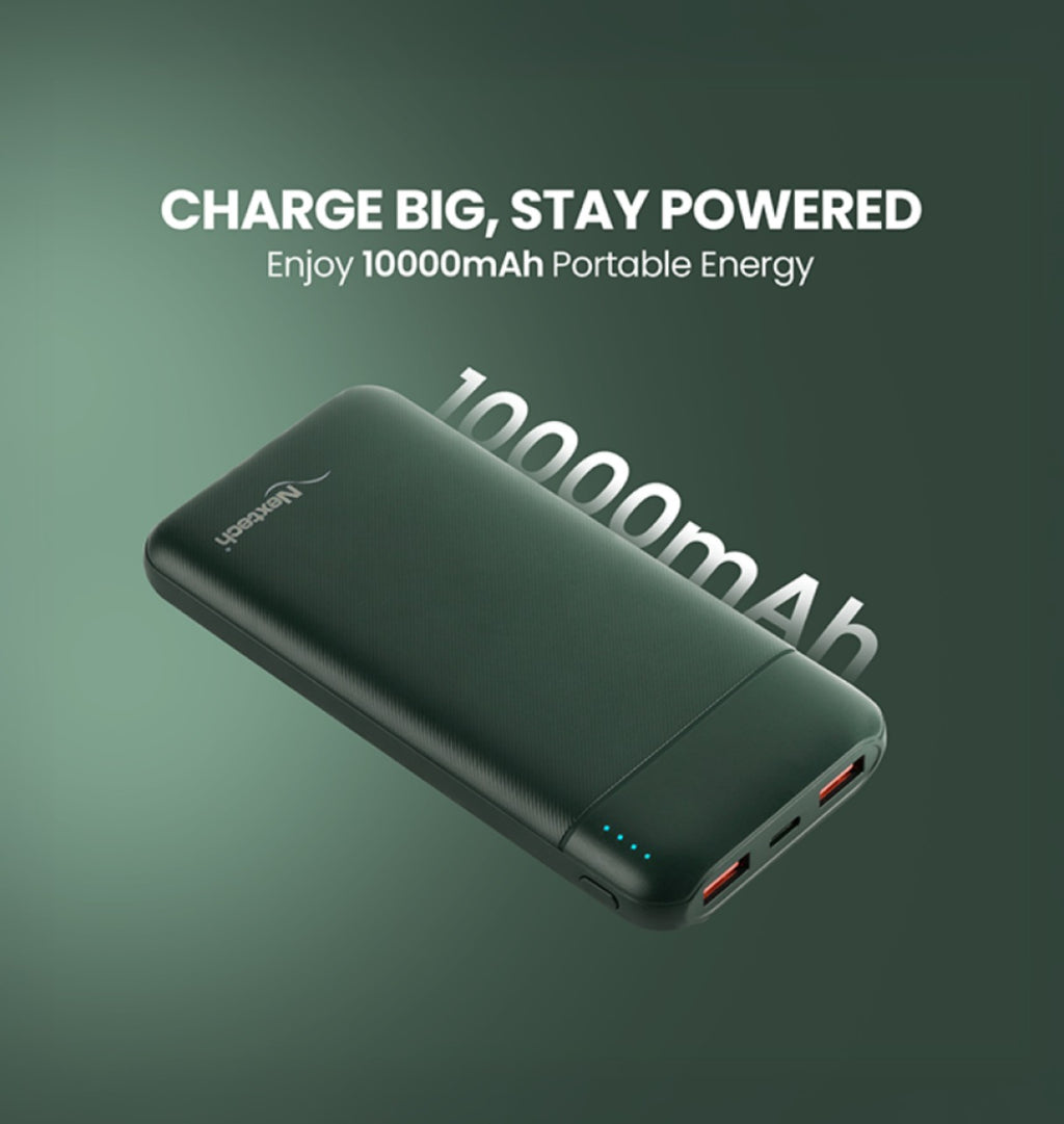 Nextech Slender Ultra-Slim 10000mAh Power Bank | PDQC 22.5W Fast Charge, Type-C & USB Output