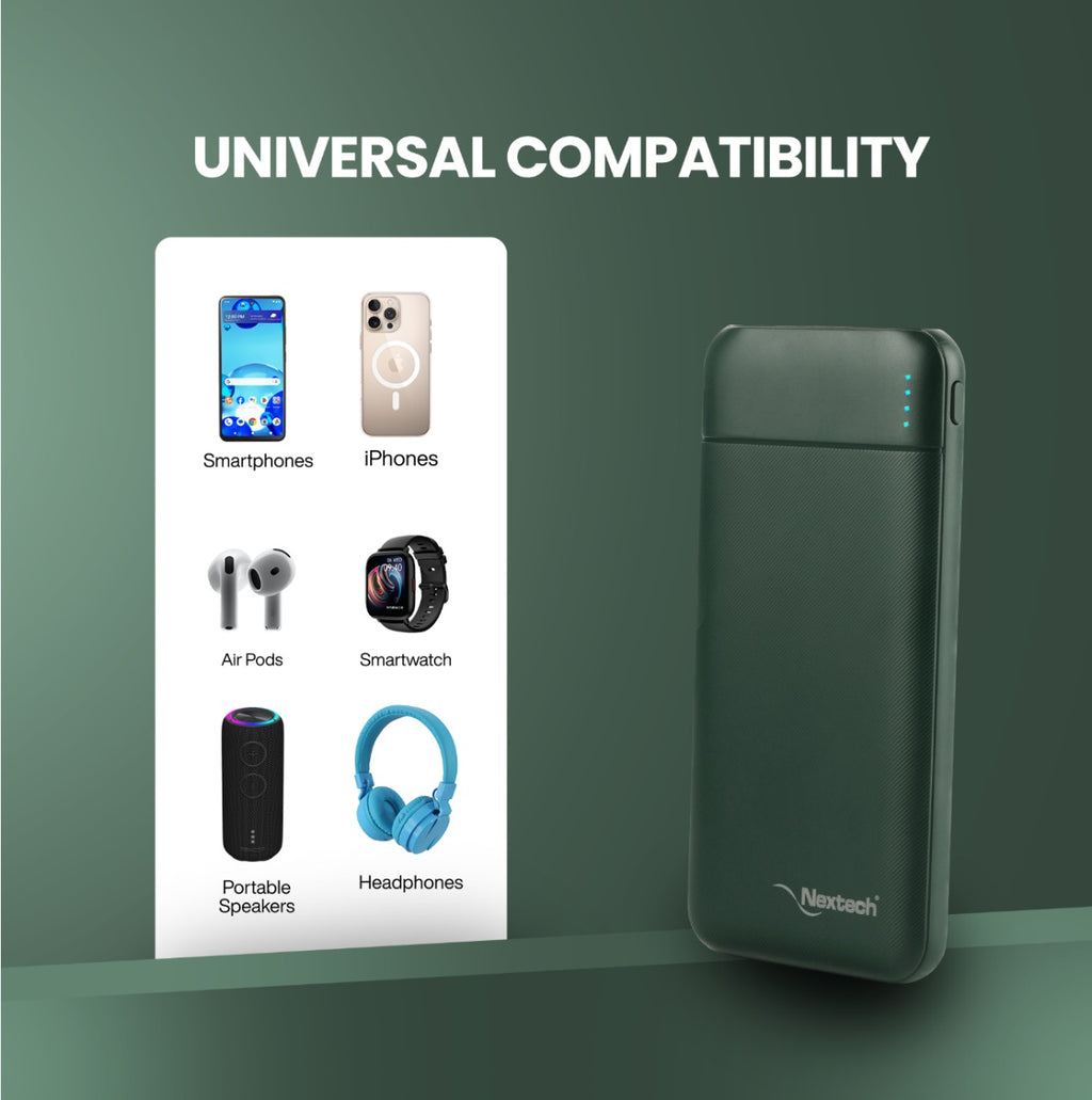 Nextech Slender Ultra-Slim 10000mAh Power Bank | PDQC 22.5W Fast Charge, Type-C & USB Output