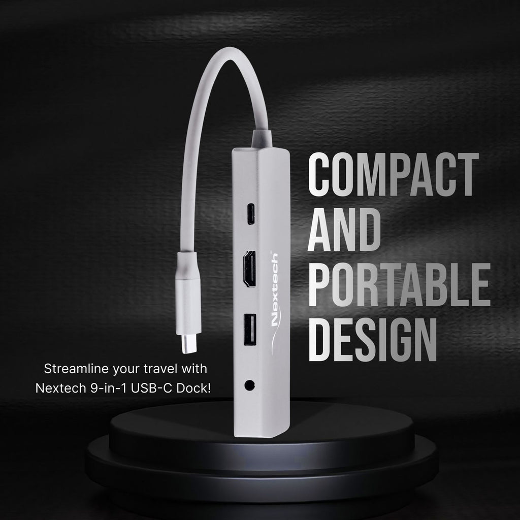 Nextech 9-in-1 USB-C Portable Docking Station | Type-C Adapter with 4K HDMI, Gigabit LAN, PD 100W Charging, USB 3.0 Ports, SD/TF Card Reader, Audio Jack | Compatible with MacBook, Windows | Grey