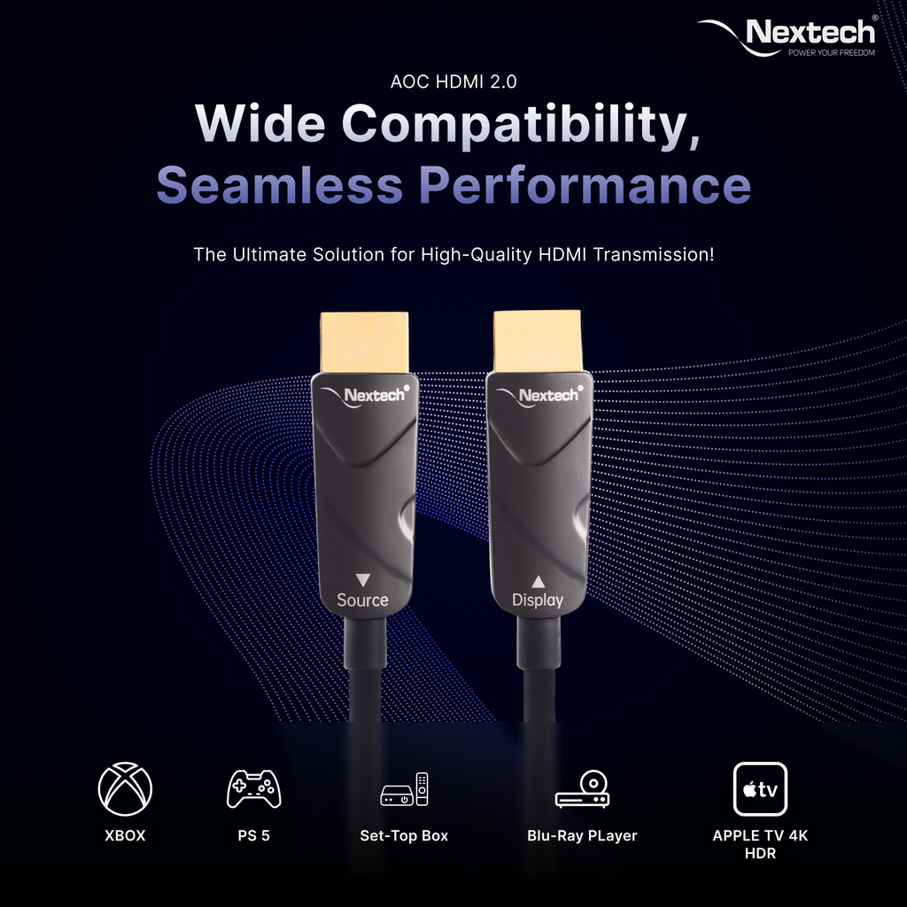 Nextech HDMI 2.0 Active Optical Cable 4K, 4:4:4 60FPS, supports HDR - HDCP - 18Gbps, Compatible with TV, Gaming Console and more