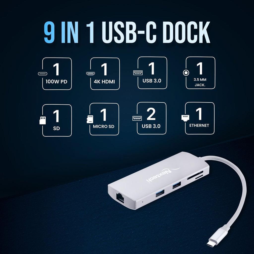 Nextech 9-in-1 USB-C Portable Docking Station | Type-C Adapter with 4K HDMI, Gigabit LAN, PD 100W Charging, USB 3.0 Ports, SD/TF Card Reader, Audio Jack | Compatible with MacBook, Windows | Grey