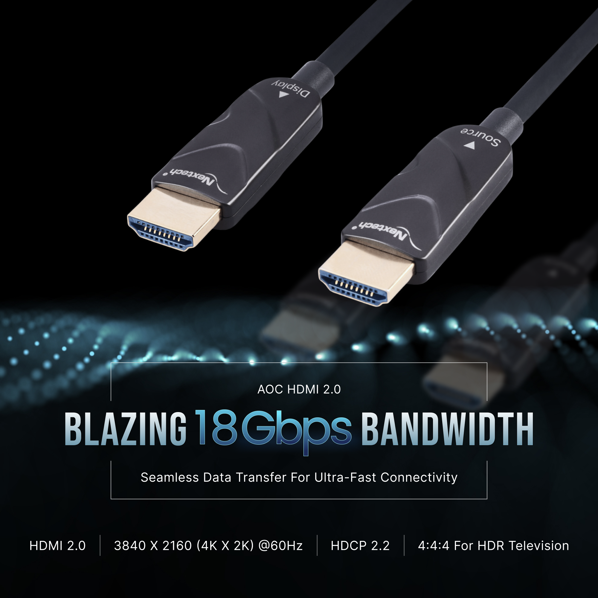 Nextech HDMI 2.0 Active Optical Cable 4K, 4:4:4 60FPS, supports HDR - HDCP - 18Gbps, Compatible with TV, Gaming Console and more