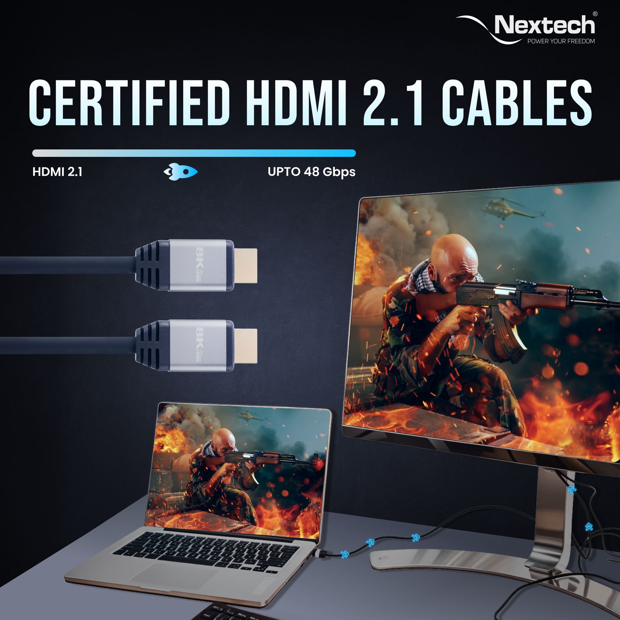 Nextech 8K HDMI 2.1 Ultra HD Certified Cable with 8K@60Hz, 4K@120Hz, High Speed 48Gbps, eARC, 3D connectivity, Compatible with All HDMI Devices, TV Set-top Box, Gaming Console and more