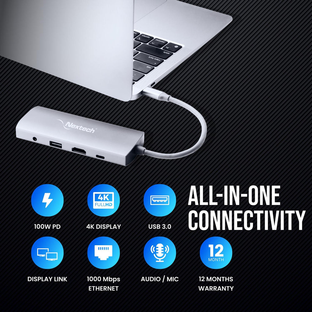 Nextech 9-in-1 USB-C Portable Docking Station | Type-C Adapter with 4K HDMI, Gigabit LAN, PD 100W Charging, USB 3.0 Ports, SD/TF Card Reader, Audio Jack | Compatible with MacBook, Windows | Grey