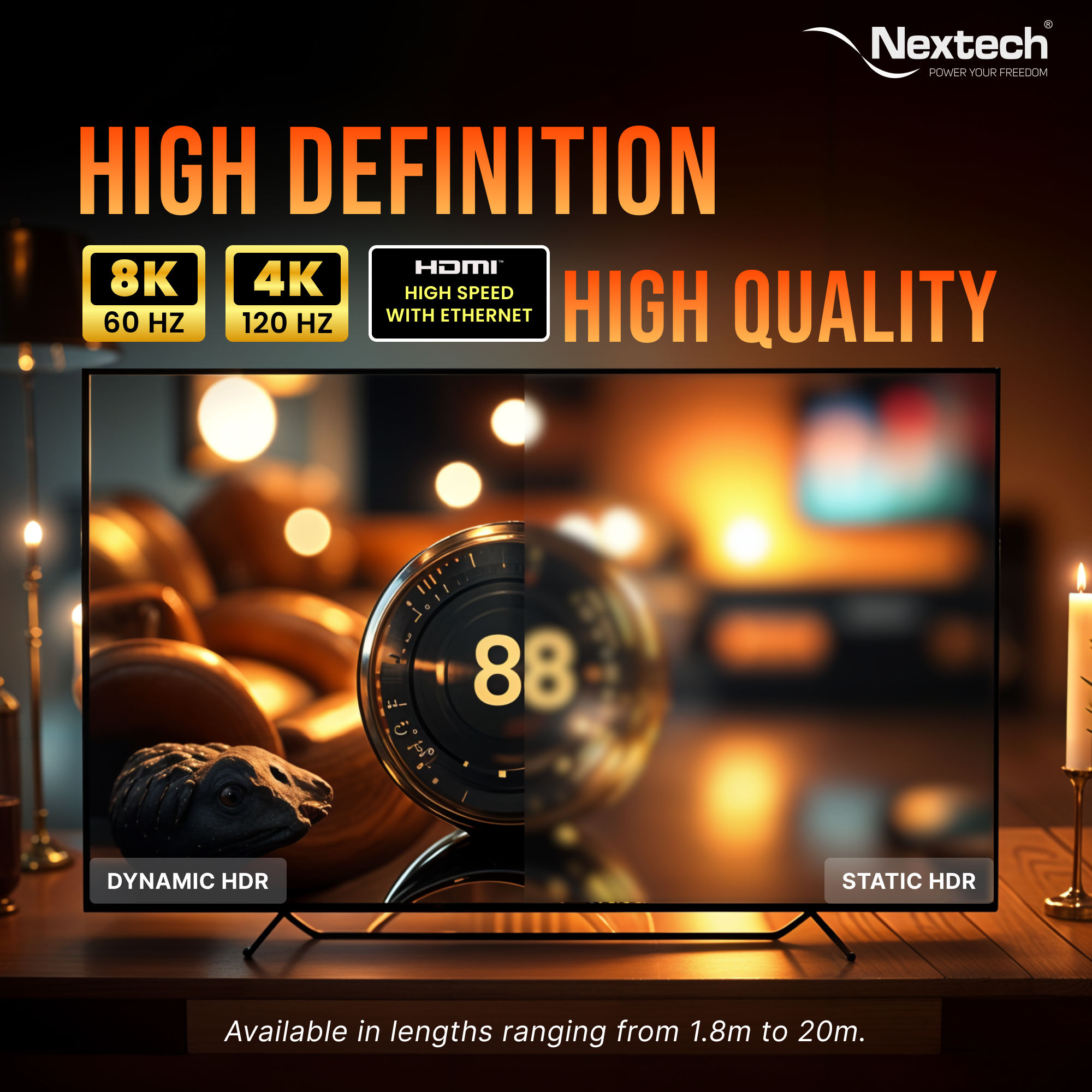 Nextech 8K HDMI 2.1 Ultra HD Certified Cable with 8K@60Hz, 4K@120Hz, High Speed 48Gbps, eARC, 3D connectivity, Compatible with All HDMI Devices, TV Set-top Box, Gaming Console and more