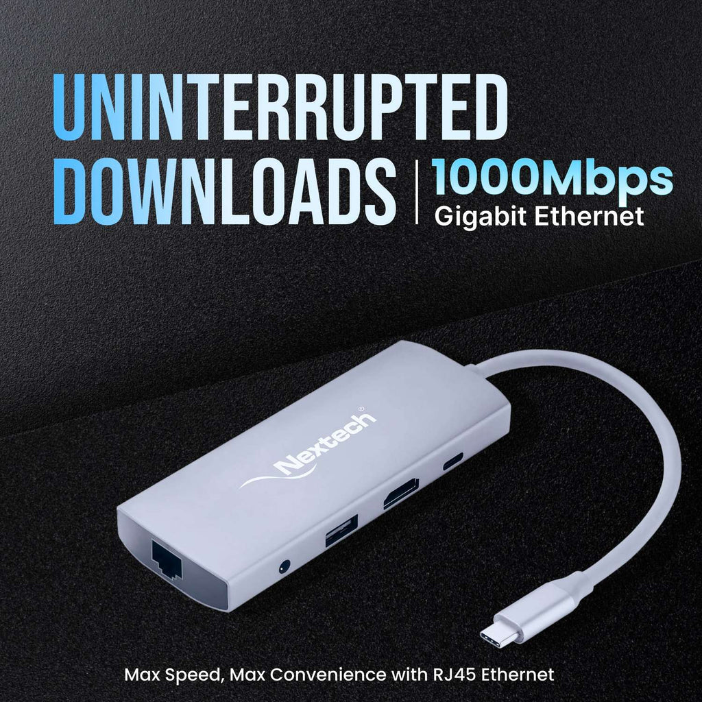 Nextech 9-in-1 USB-C Portable Docking Station | Type-C Adapter with 4K HDMI, Gigabit LAN, PD 100W Charging, USB 3.0 Ports, SD/TF Card Reader, Audio Jack | Compatible with MacBook, Windows | Grey