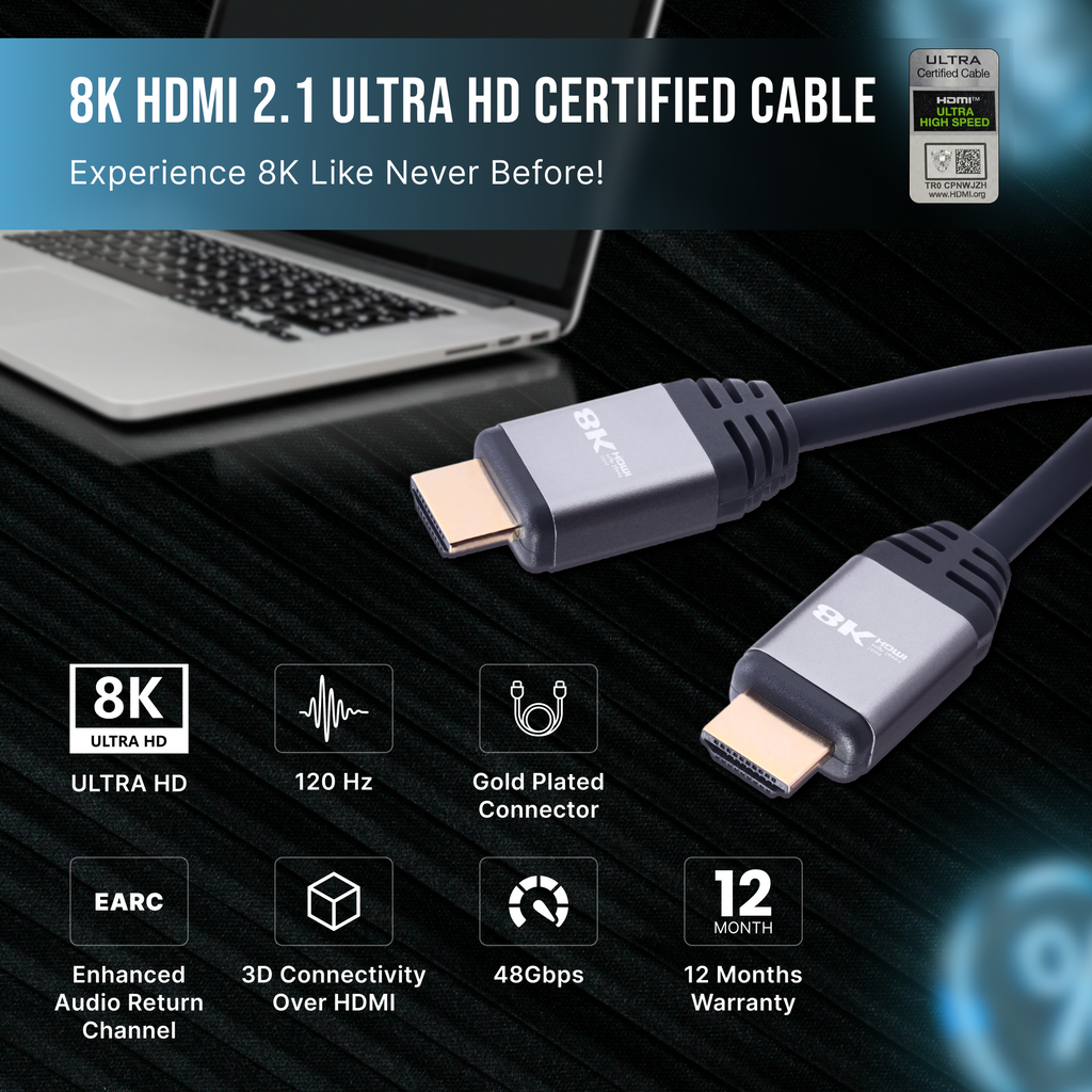Nextech 8K HDMI 2.1 Ultra HD Certified Cable with 8K@60Hz, 4K@120Hz, High Speed 48Gbps, eARC, 3D connectivity, Compatible with All HDMI Devices, TV Set-top Box, Gaming Console and more