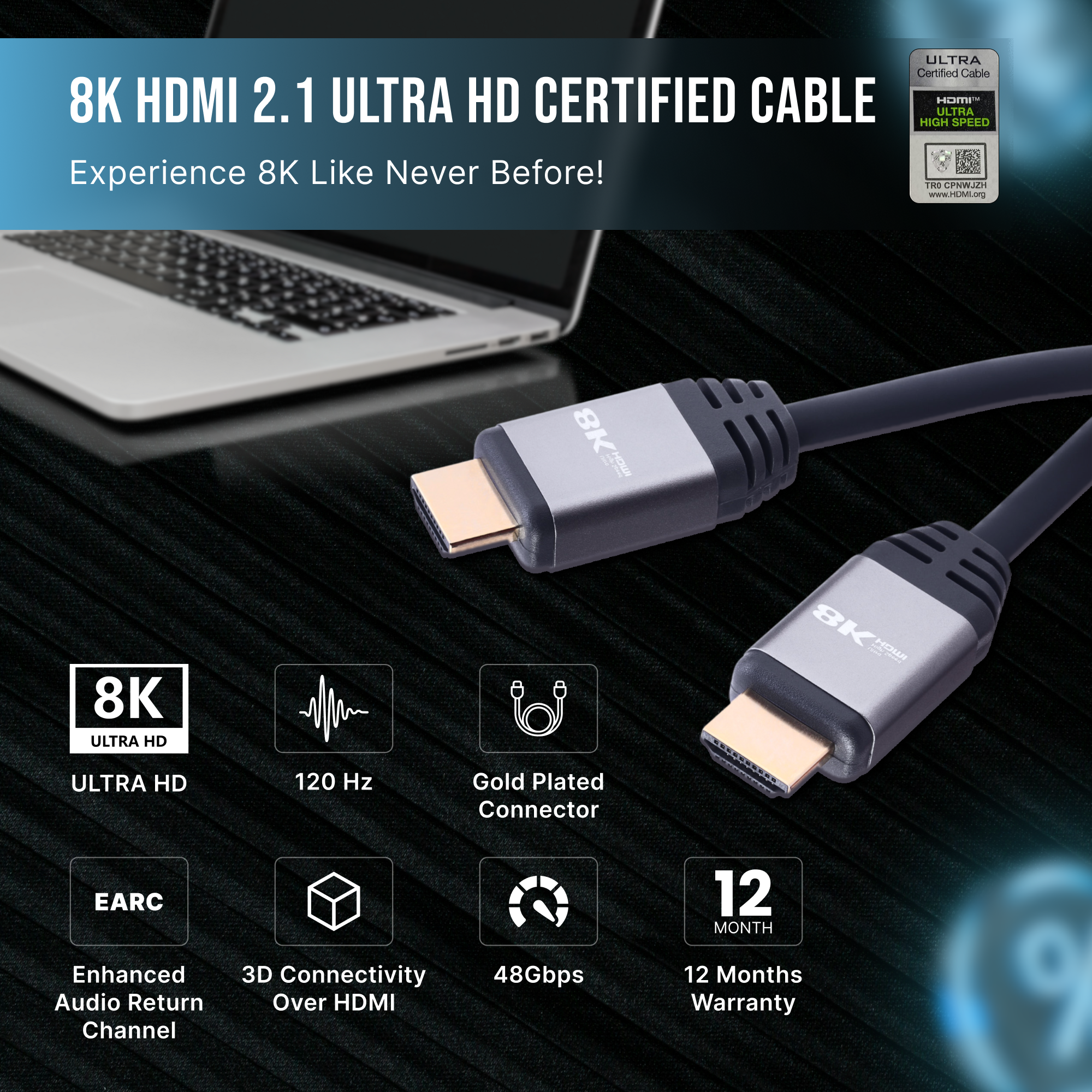 Nextech 8K HDMI 2.1 Ultra HD Certified Cable with 8K@60Hz, 4K@120Hz, High Speed 48Gbps, eARC, 3D connectivity, Compatible with All HDMI Devices, TV Set-top Box, Gaming Console and more