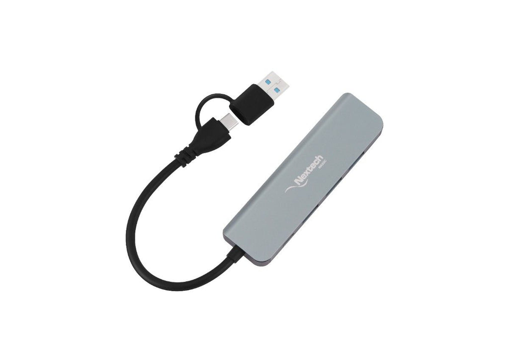 Nextech USB-A+C TO 4 PORT USB 3.0 HUB | 5 Gbps Superspeed Data Transmission | Sleek Metal Design | Compatible For Laptop, Macbook, Chromebook,Tablets & Smartphones (Grey)