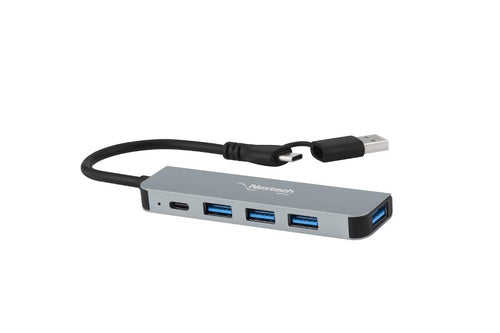 Nextech USB-A+C TO 4 PORT USB 3.0 HUB | 5 Gbps Superspeed Data Transmission | Sleek Metal Design | Compatible For Laptop, Macbook, Chromebook,Tablets & Smartphones (Grey)