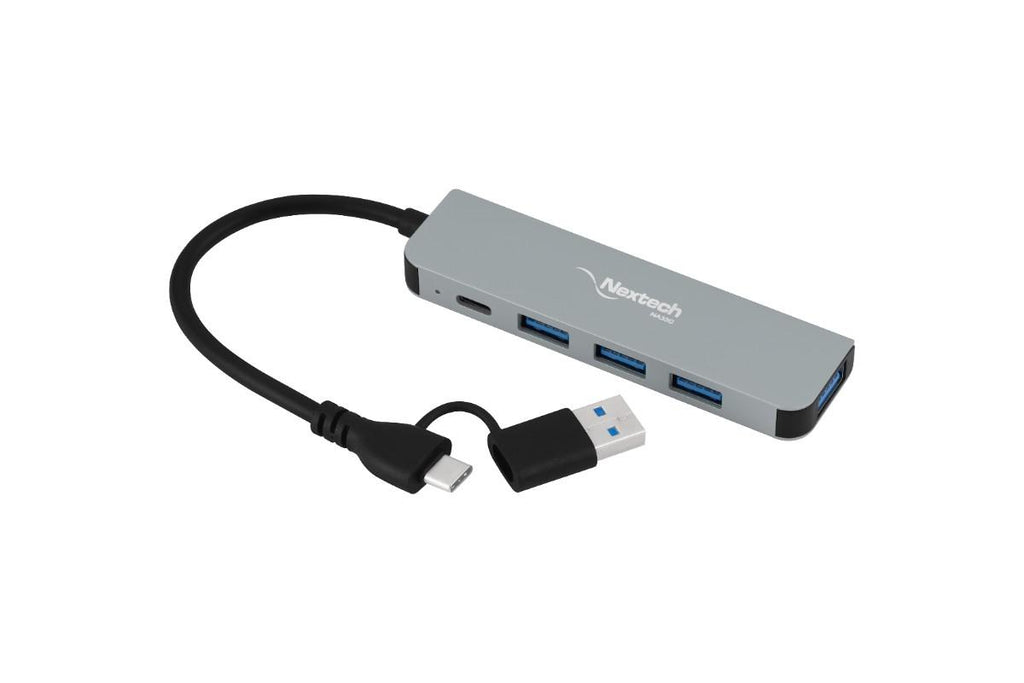 Nextech USB-A+C TO 4 PORT USB 3.0 HUB | 5 Gbps Superspeed Data Transmission | Sleek Metal Design | Compatible For Laptop, Macbook, Chromebook,Tablets & Smartphones (Grey)