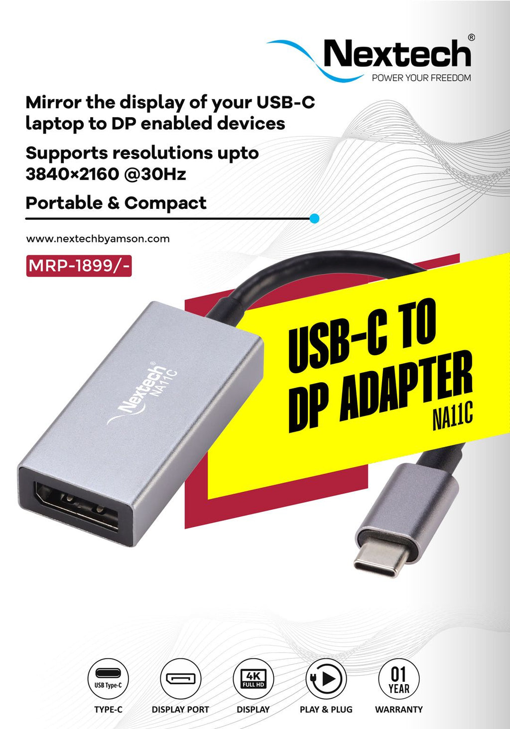 Nextech USB-C to Display Port Adapter Support High Resolution Upto 3840x2160@30Hz and Compatible with MacBook Pro, MacBook Air, Mac Mini, Monitor, Projector and more