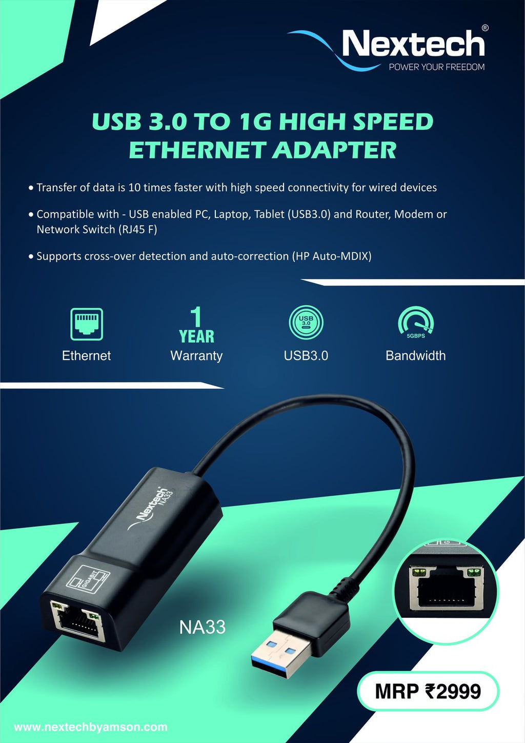 Nextech USB 3.0 to 1G High Speed Ethernet Adapter for Desktop, Laptop, Ultrabook & MacBook Series