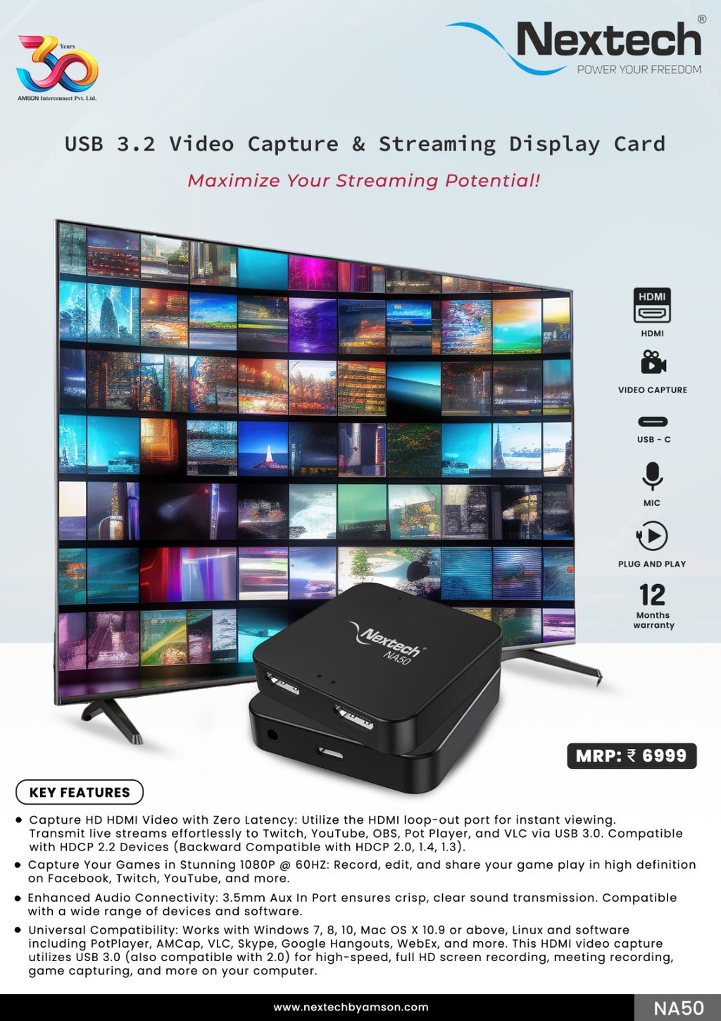 Nextech USB 3.2 Video Capture & Streaming Display Card, Ideal for Gaming, Broadcasting, and Video Recording