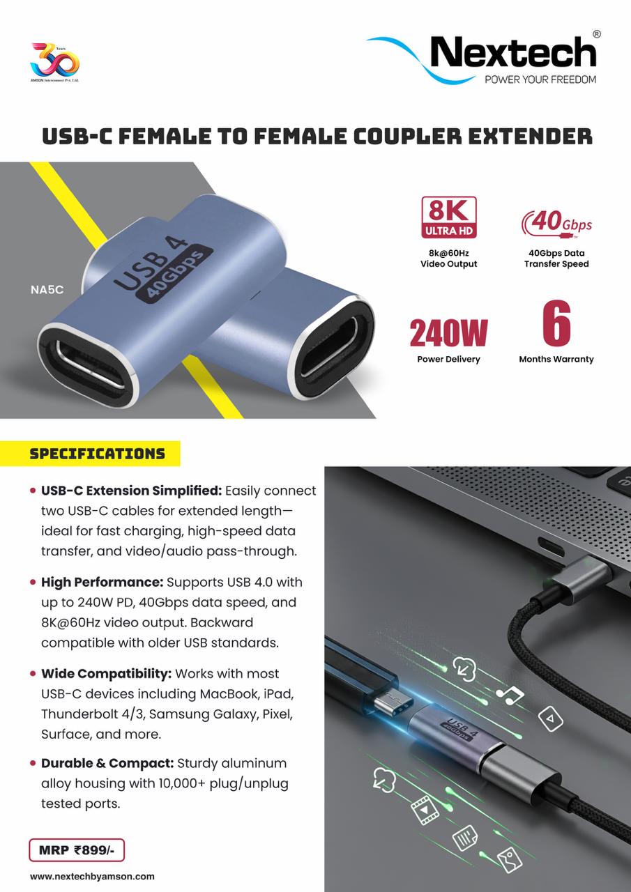 Nextech USB-C F to USB-C F Coupler Extender 40Gbps