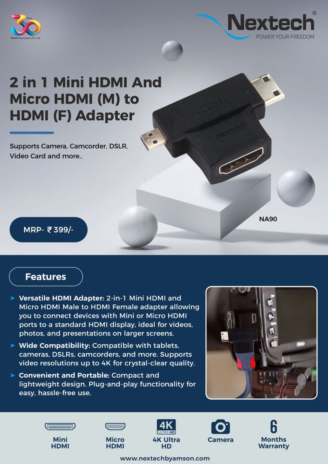 Nextech 2-in-1 Mini HDMI & Micro HDMI (Male) to HDMI (Female) Adapter | 4K Support | Plug & Play | Compatible with Cameras, Tablets, DSLR & Camcorders | Black
