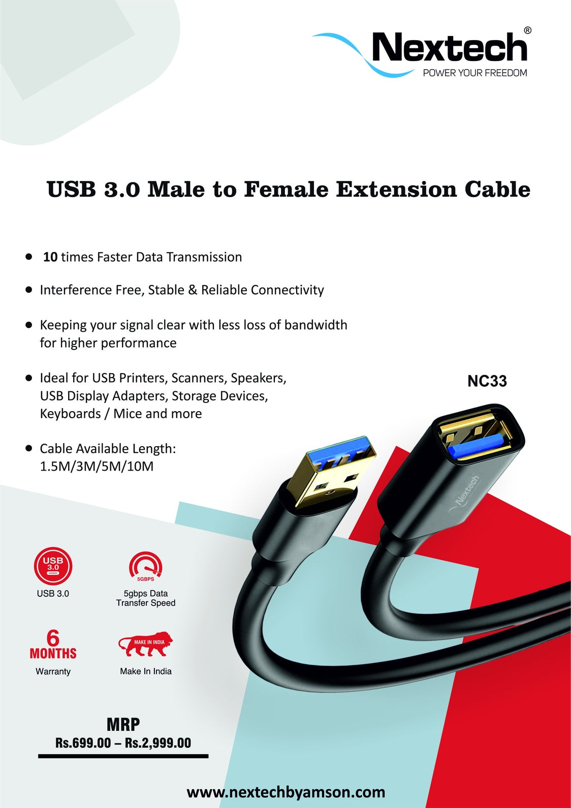 Nextech USB 3.0 Male to Female Extension Cable | High Speed Extension Cable | Data Transfer Speed upto 5Gbps | Black