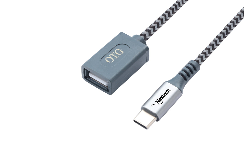 Nextech 30cm Braided USB Type-C OTG Cable | Fast Charging & 480Mbps Data Transfer | Durable & Compact, Grey